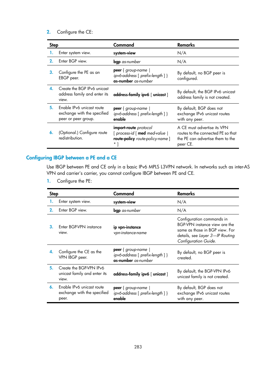 Configuring ibgp between a pe and a ce | H3C Technologies H3C S6800 Series Switches User Manual | Page 296 / 526