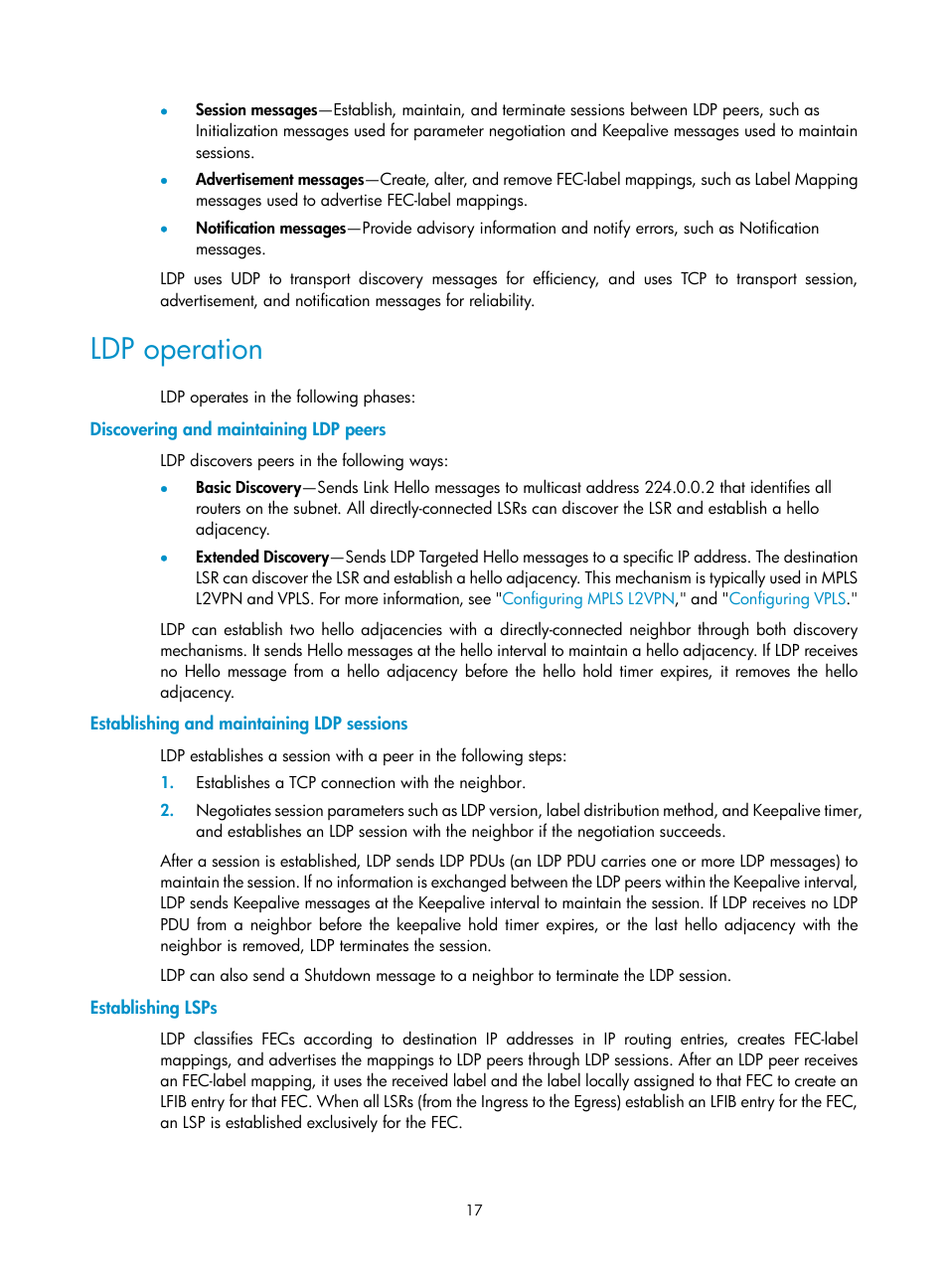 Ldp operation, Discovering and maintaining ldp peers, Establishing and maintaining ldp sessions | Establishing lsps | H3C Technologies H3C S6800 Series Switches User Manual | Page 30 / 526