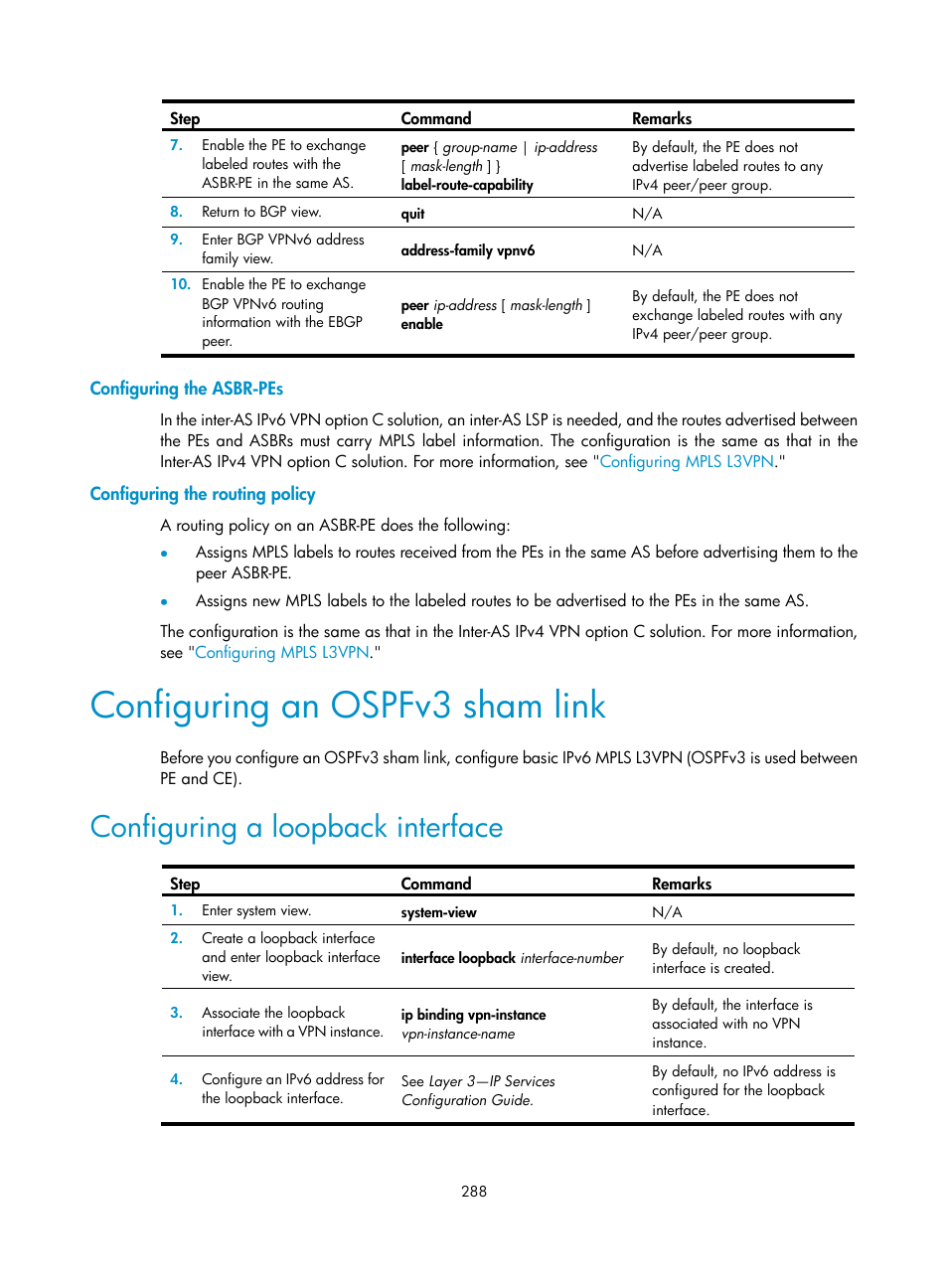 Configuring the asbr-pes, Configuring the routing policy, Configuring an ospfv3 sham link | Configuring a loopback interface | H3C Technologies H3C S6800 Series Switches User Manual | Page 301 / 526