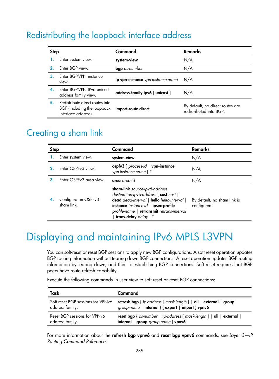 Redistributing the loopback interface address, Creating a sham link, Displaying and maintaining ipv6 mpls l3vpn | H3C Technologies H3C S6800 Series Switches User Manual | Page 302 / 526