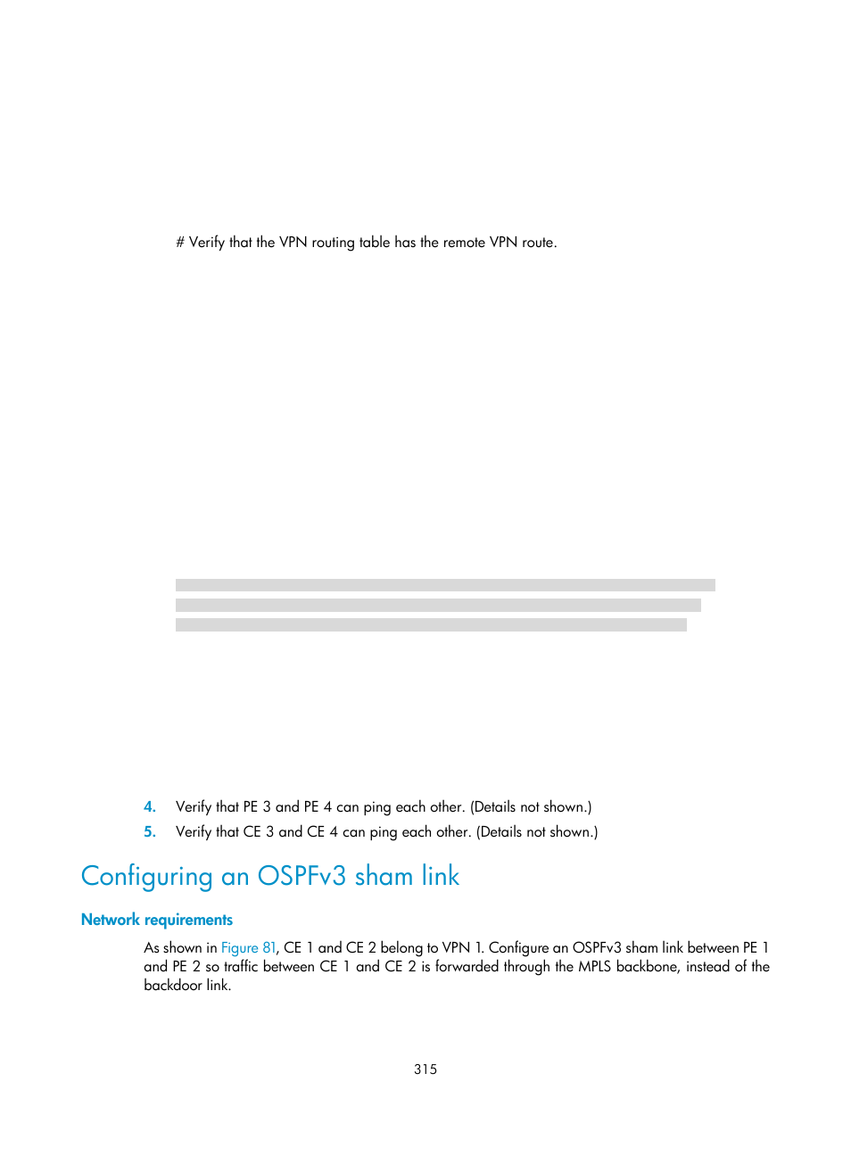 Configuring an ospfv3 sham link, Network requirements | H3C Technologies H3C S6800 Series Switches User Manual | Page 328 / 526