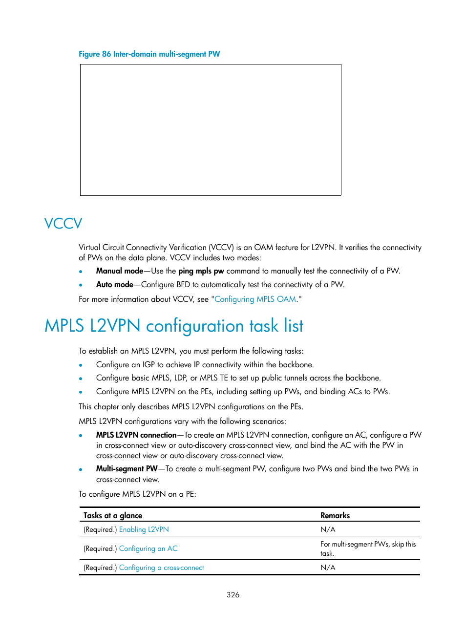 Vccv, Mpls l2vpn configuration task list | H3C Technologies H3C S6800 Series Switches User Manual | Page 339 / 526