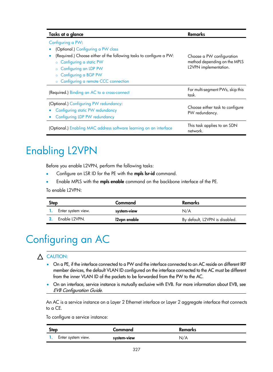 Enabling l2vpn, Configuring an ac, Required.) | H3C Technologies H3C S6800 Series Switches User Manual | Page 340 / 526