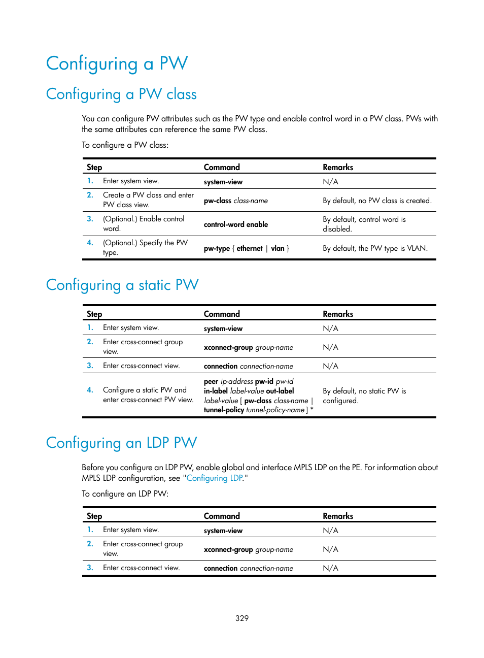 Configuring a pw, Configuring a pw class, Configuring a static pw | Configuring an ldp pw | H3C Technologies H3C S6800 Series Switches User Manual | Page 342 / 526