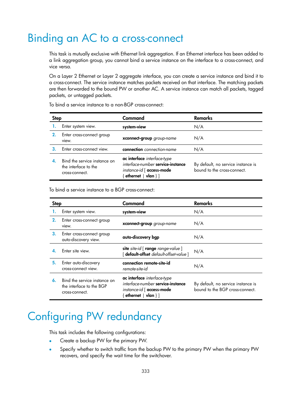 Binding an ac to a cross-connect, Configuring pw redundancy, Required.) | H3C Technologies H3C S6800 Series Switches User Manual | Page 346 / 526