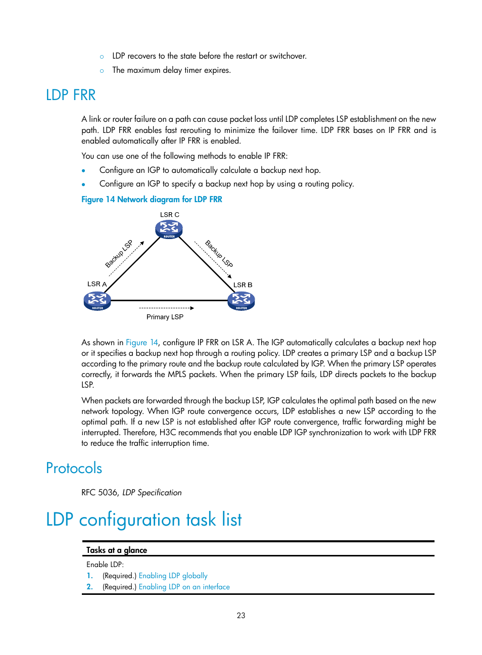 Ldp frr, Protocols, Ldp configuration task list | H3C Technologies H3C S6800 Series Switches User Manual | Page 36 / 526