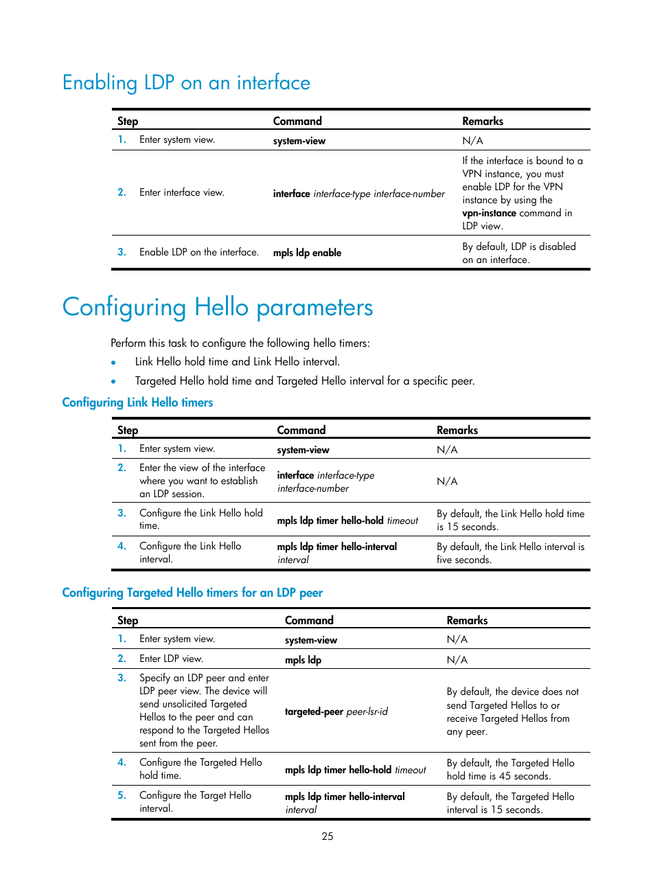 Enabling ldp on an interface, Configuring hello parameters, Configuring link hello timers | Configuring targeted hello timers for an ldp peer | H3C Technologies H3C S6800 Series Switches User Manual | Page 38 / 526