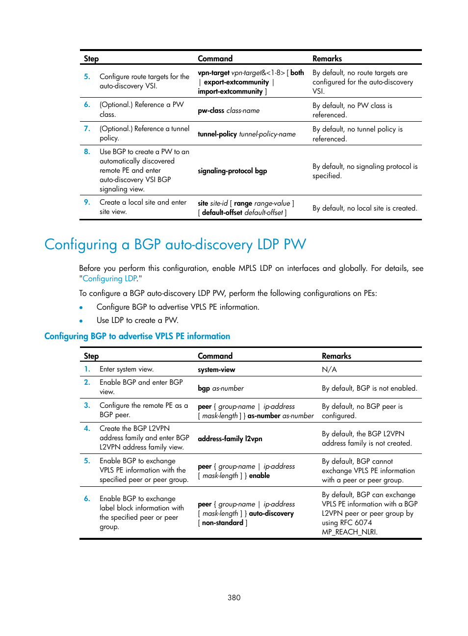 Configuring a bgp auto-discovery ldp pw, Configuring bgp to advertise vpls pe information | H3C Technologies H3C S6800 Series Switches User Manual | Page 393 / 526