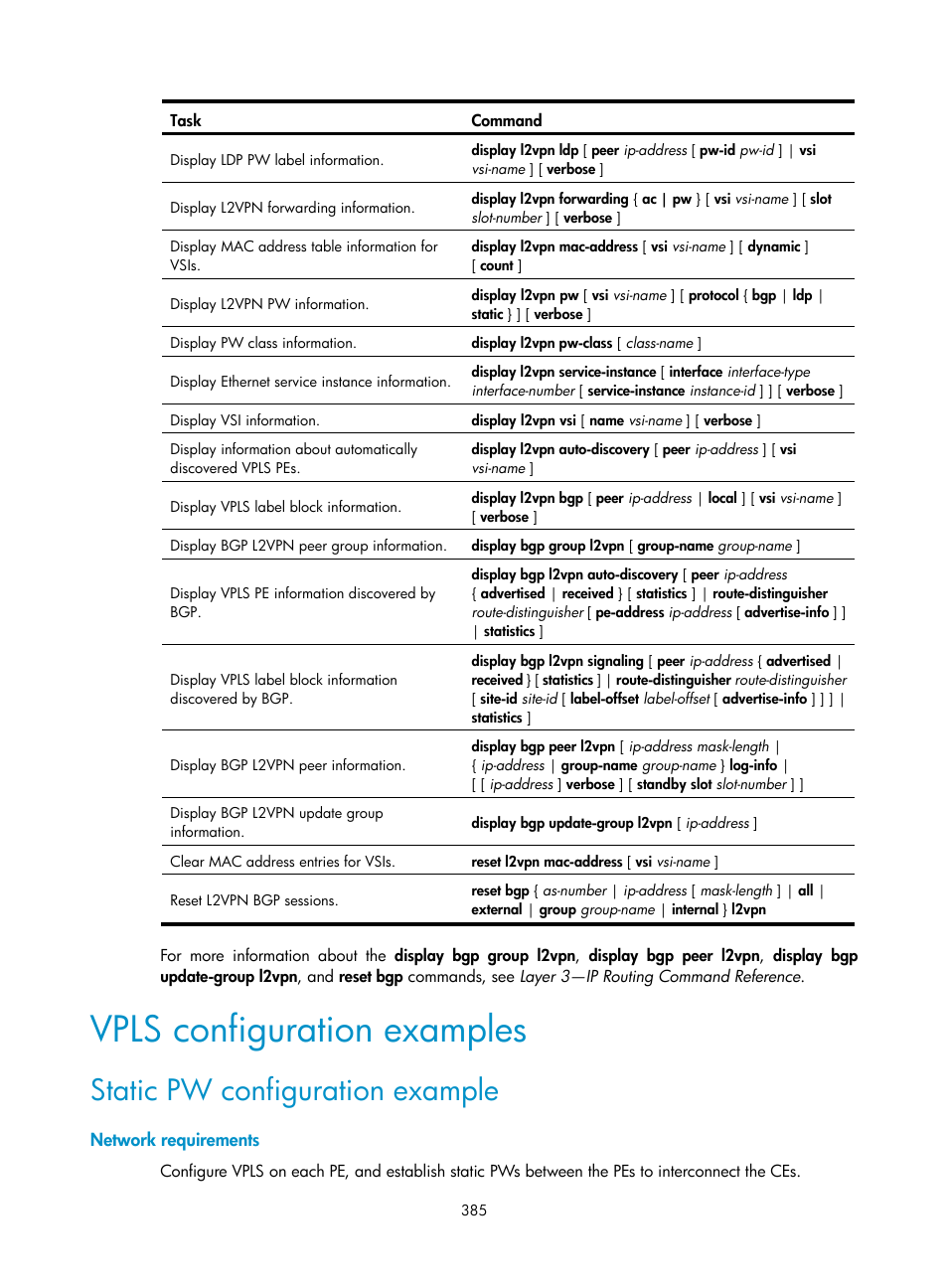 Vpls configuration examples, Static pw configuration example, Network requirements | H3C Technologies H3C S6800 Series Switches User Manual | Page 398 / 526