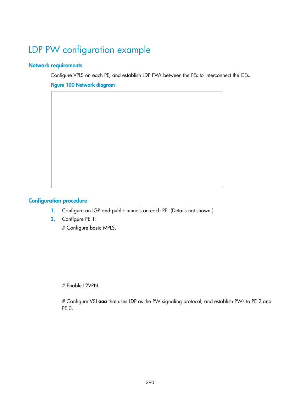 Ldp pw configuration example, Network requirements, Configuration procedure | H3C Technologies H3C S6800 Series Switches User Manual | Page 403 / 526