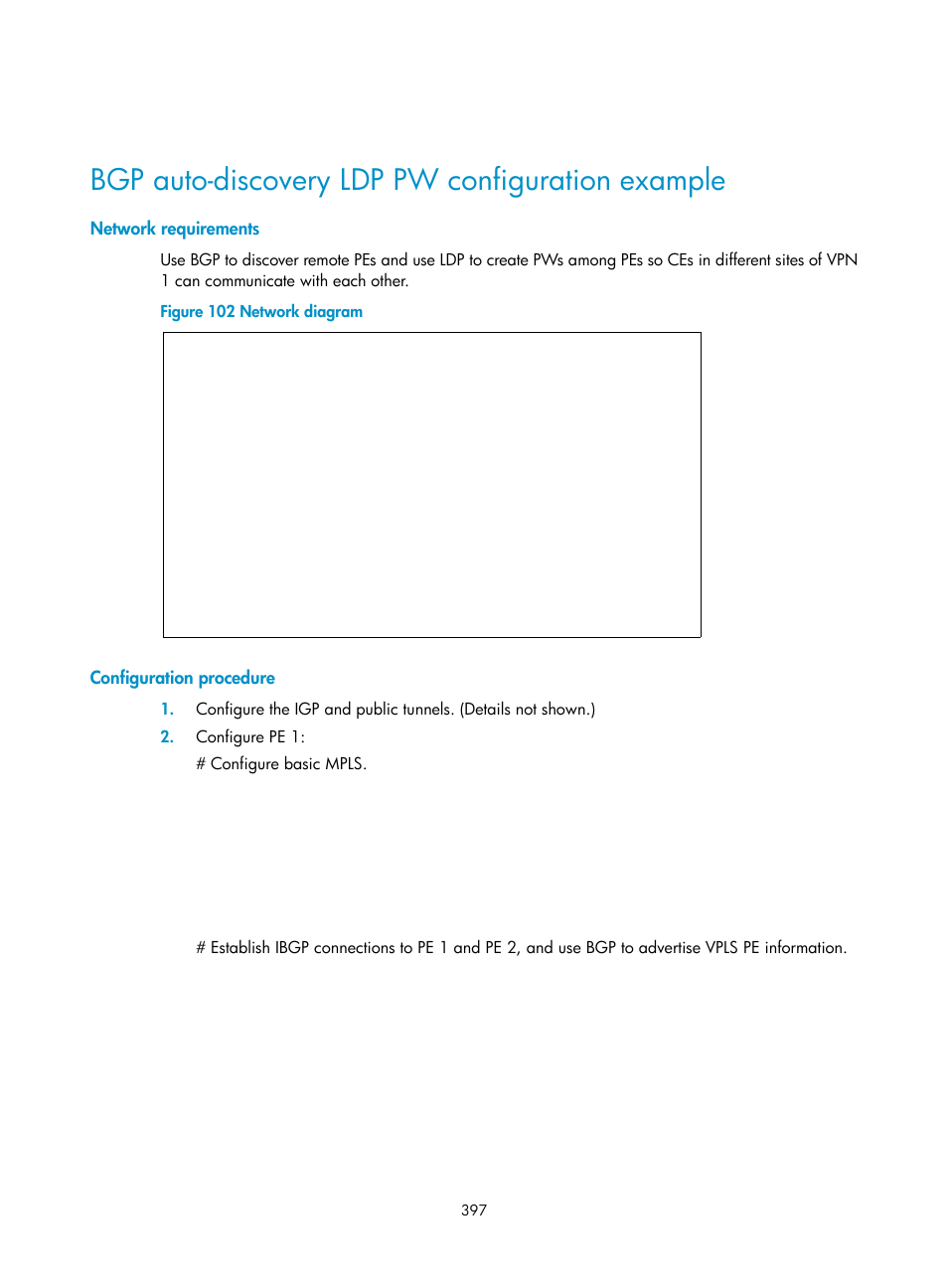 Bgp auto-discovery ldp pw configuration example, Network requirements, Configuration procedure | H3C Technologies H3C S6800 Series Switches User Manual | Page 410 / 526