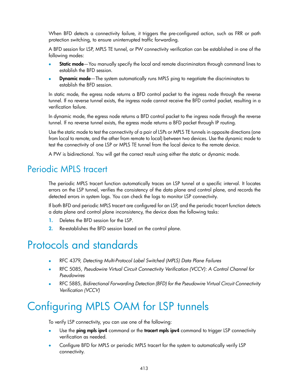 Periodic mpls tracert, Protocols and standards, Configuring mpls oam for lsp tunnels | H3C Technologies H3C S6800 Series Switches User Manual | Page 426 / 526