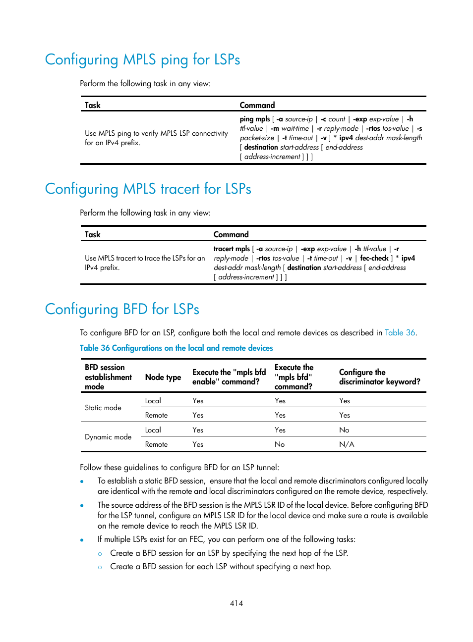 Configuring mpls ping for lsps, Configuring mpls tracert for lsps, Configuring bfd for lsps | H3C Technologies H3C S6800 Series Switches User Manual | Page 427 / 526