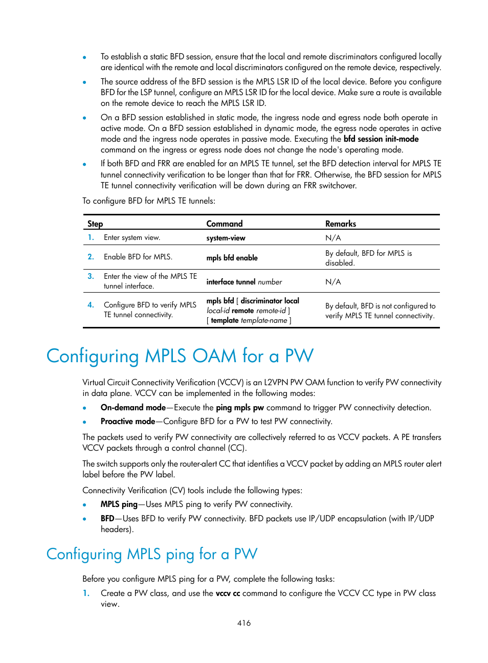 Configuring mpls oam for a pw, Configuring mpls ping for a pw | H3C Technologies H3C S6800 Series Switches User Manual | Page 429 / 526