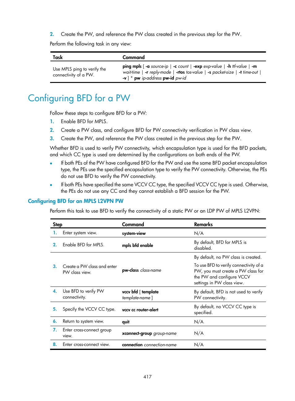 Configuring bfd for a pw, Configuring bfd for an mpls l2vpn pw | H3C Technologies H3C S6800 Series Switches User Manual | Page 430 / 526