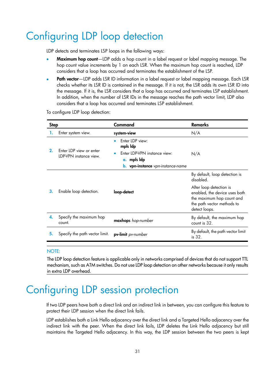 Configuring ldp loop detection, Configuring ldp session protection | H3C Technologies H3C S6800 Series Switches User Manual | Page 44 / 526