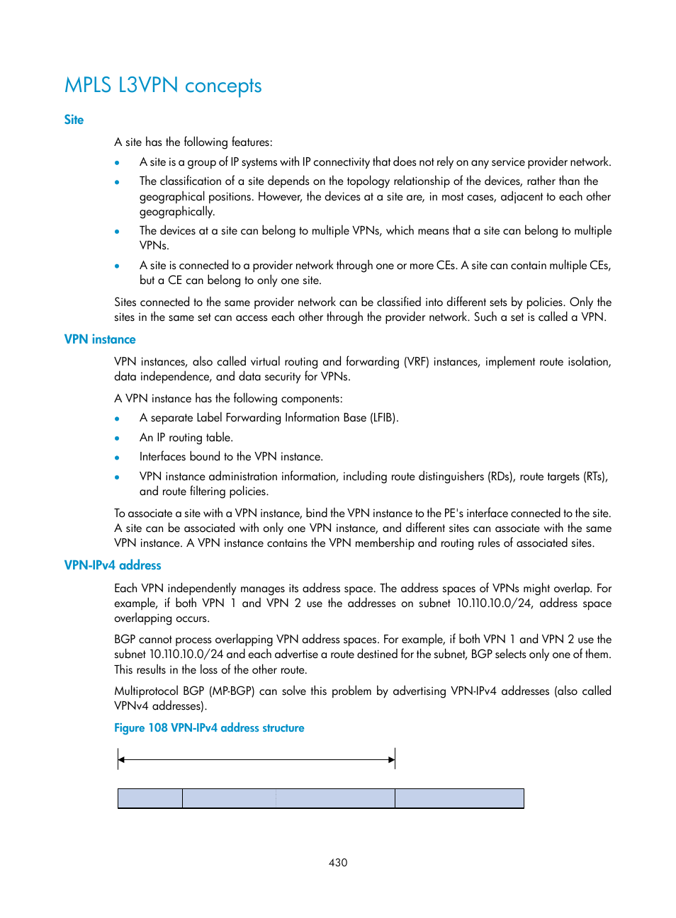 Mpls l3vpn concepts, Site, Vpn instance | Vpn-ipv4 address | H3C Technologies H3C S6800 Series Switches User Manual | Page 443 / 526