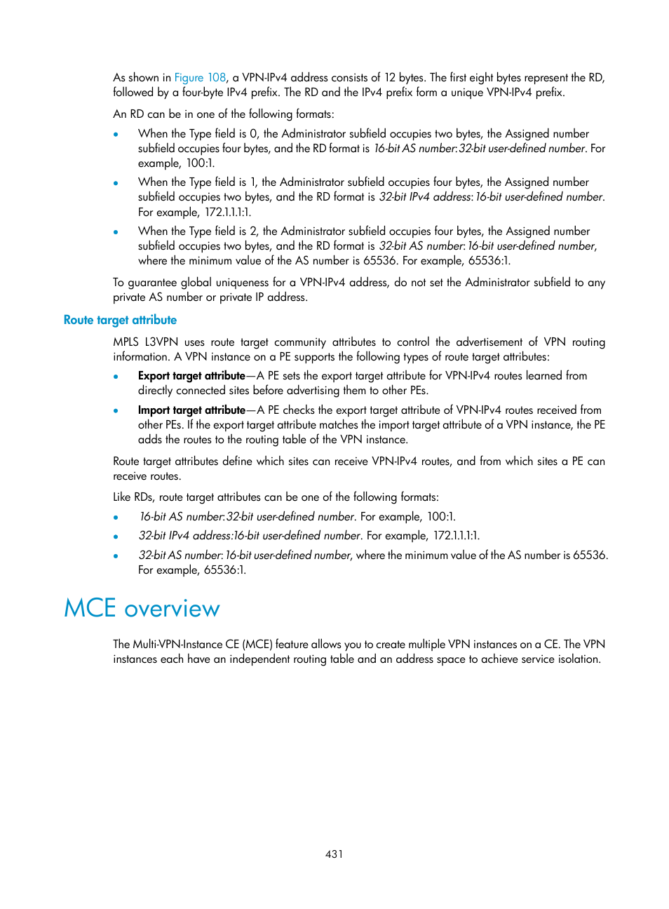 Route target attribute, Mce overview | H3C Technologies H3C S6800 Series Switches User Manual | Page 444 / 526