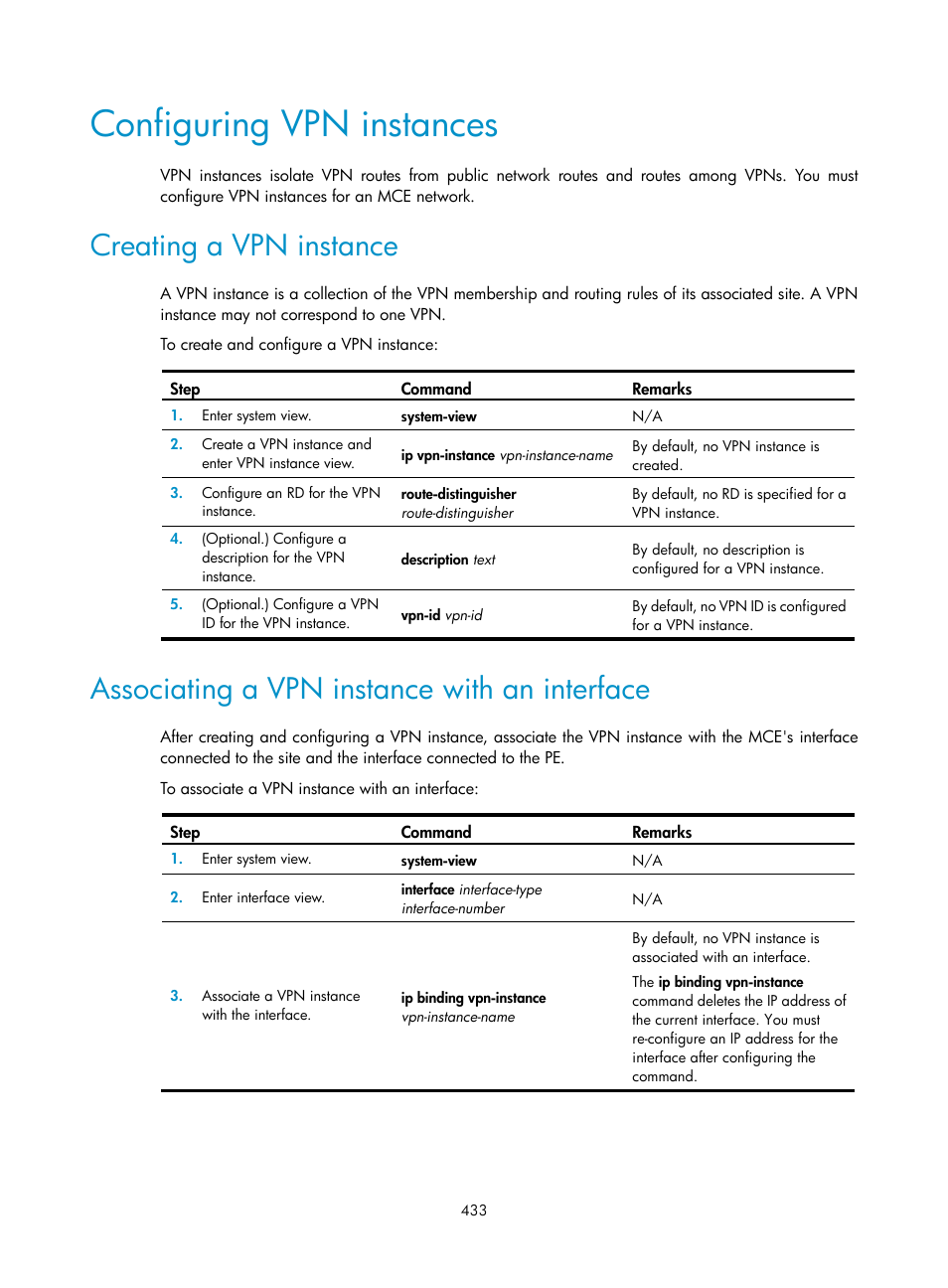 Configuring vpn instances, Creating a vpn instance, Associating a vpn instance with an interface | H3C Technologies H3C S6800 Series Switches User Manual | Page 446 / 526