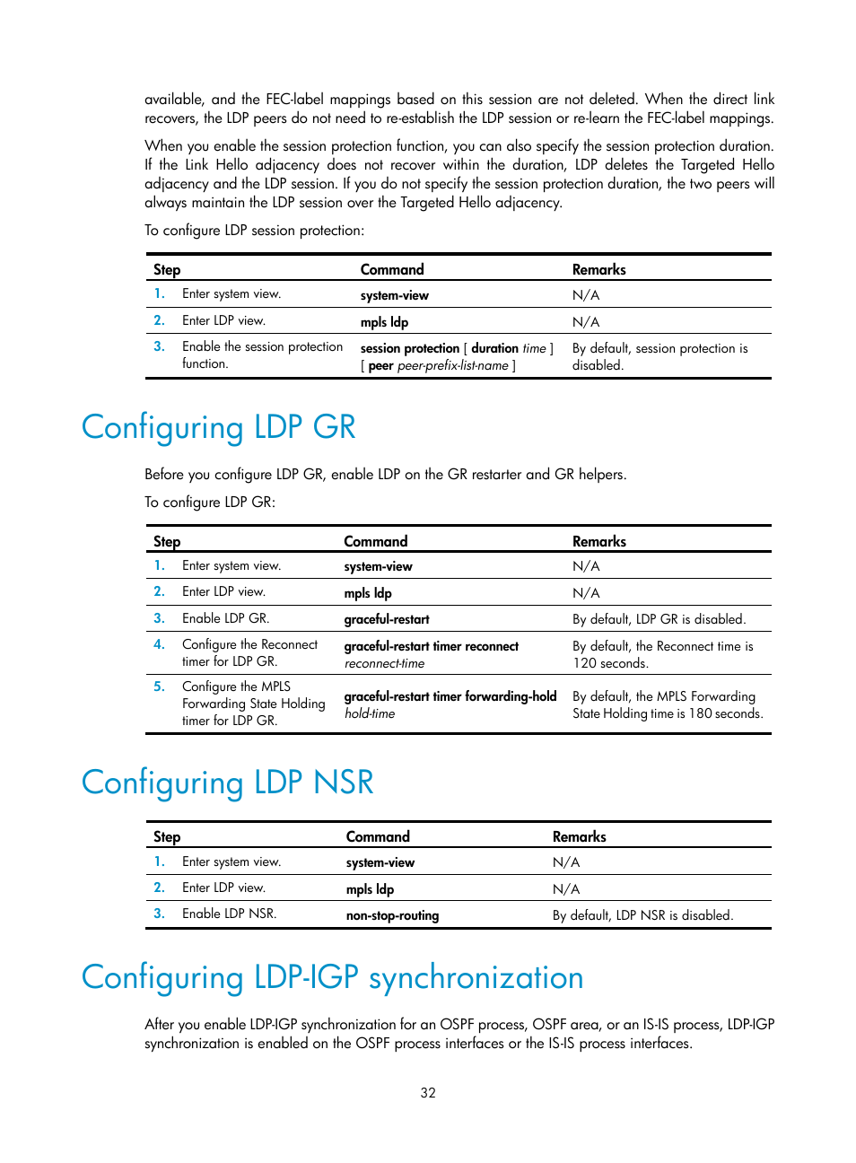 Configuring ldp gr, Configuring ldp nsr, Configuring ldp-igp synchronization | H3C Technologies H3C S6800 Series Switches User Manual | Page 45 / 526