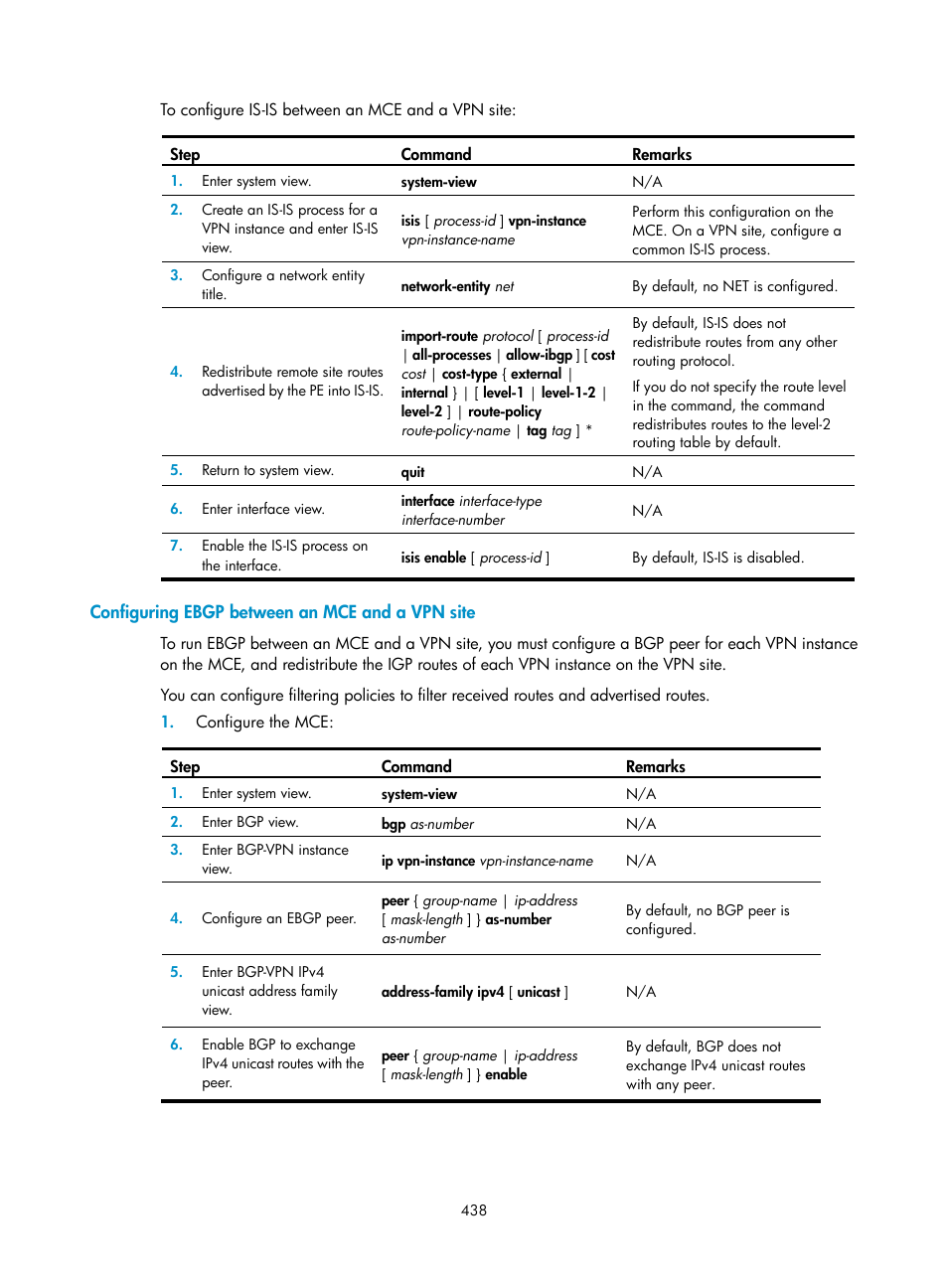 Configuring ebgp between an mce and a vpn site | H3C Technologies H3C S6800 Series Switches User Manual | Page 451 / 526