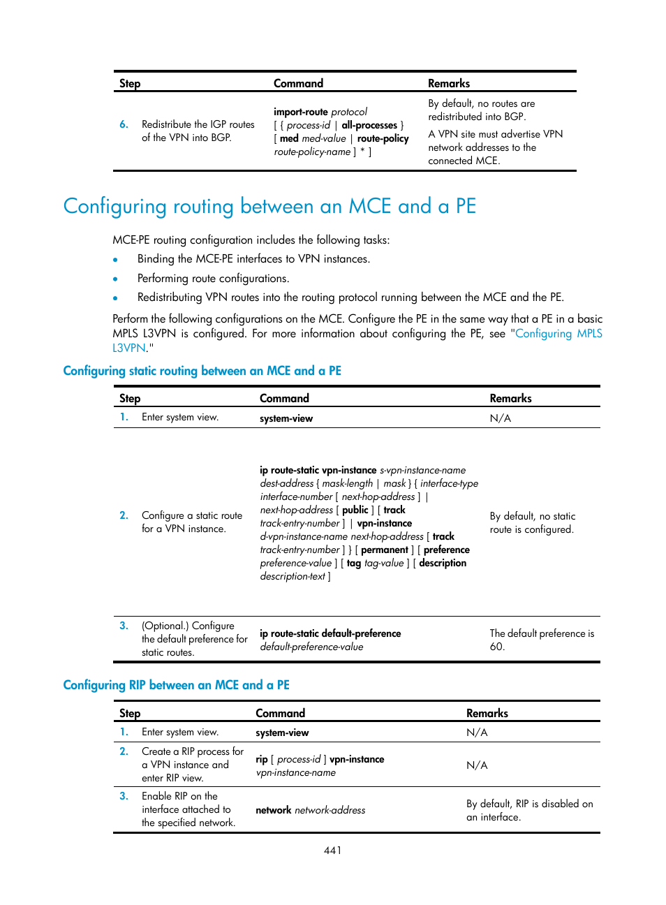 Configuring routing between an mce and a pe, Configuring static routing between an mce and a pe, Configuring rip between an mce and a pe | H3C Technologies H3C S6800 Series Switches User Manual | Page 454 / 526