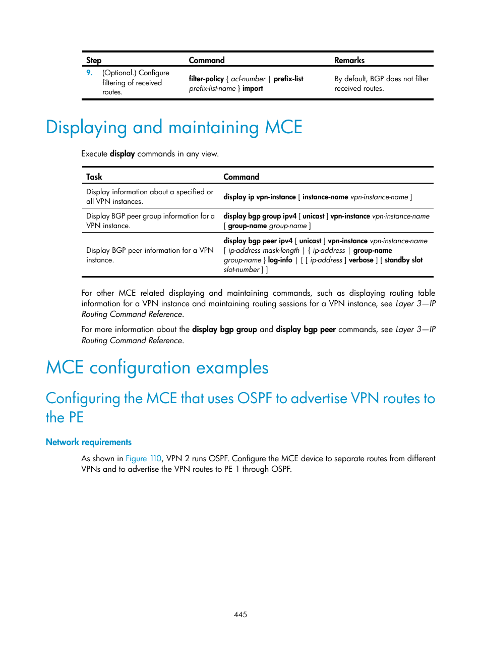 Displaying and maintaining mce, Mce configuration examples, Network requirements | H3C Technologies H3C S6800 Series Switches User Manual | Page 458 / 526