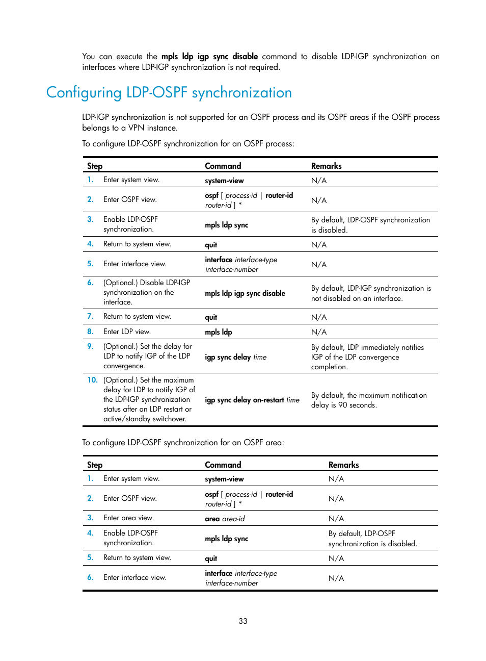 Configuring ldp-ospf synchronization | H3C Technologies H3C S6800 Series Switches User Manual | Page 46 / 526