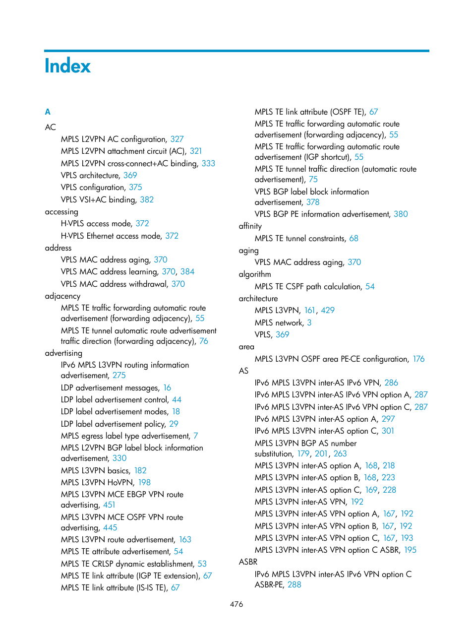 Index | H3C Technologies H3C S6800 Series Switches User Manual | Page 489 / 526