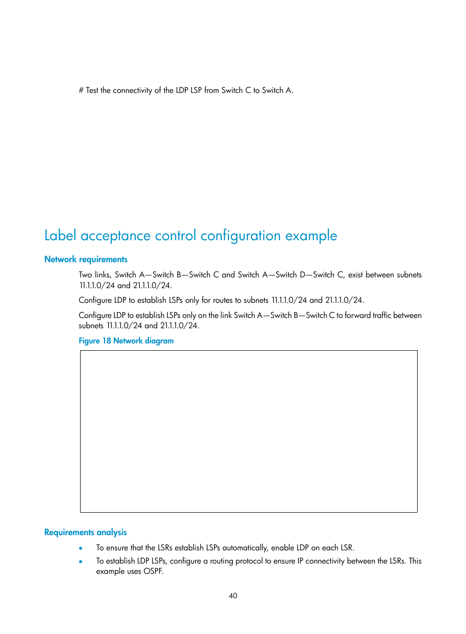 Label acceptance control configuration example, Network requirements, Requirements analysis | H3C Technologies H3C S6800 Series Switches User Manual | Page 53 / 526