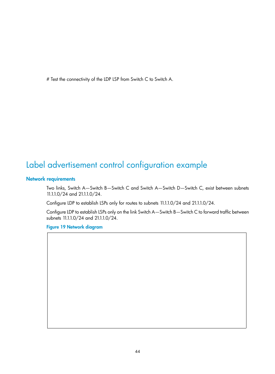 Label advertisement control configuration example, Network requirements | H3C Technologies H3C S6800 Series Switches User Manual | Page 57 / 526