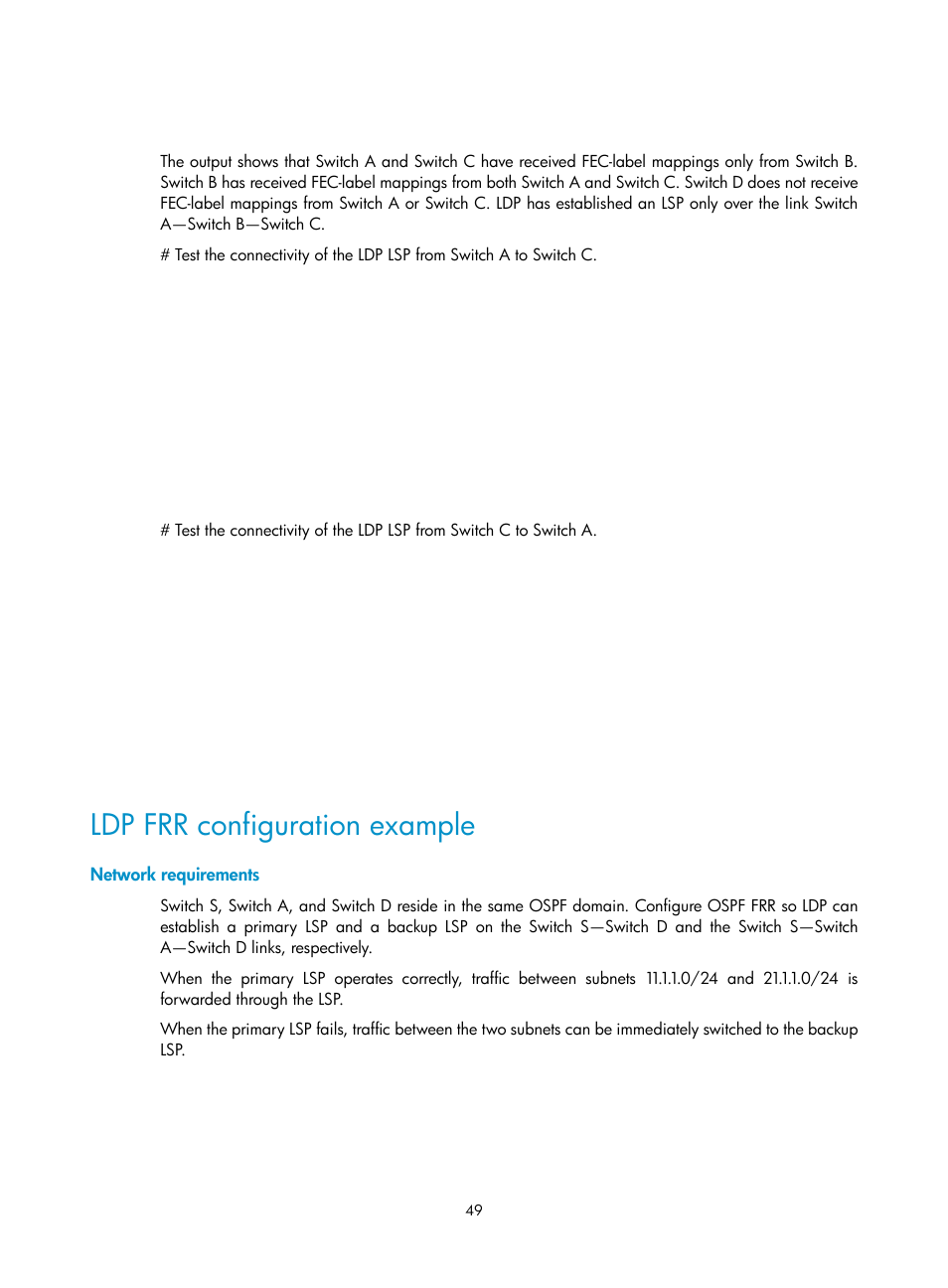 Ldp frr configuration example, Network requirements | H3C Technologies H3C S6800 Series Switches User Manual | Page 62 / 526