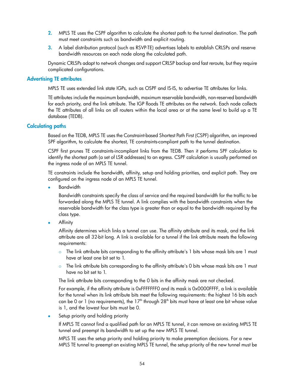 Advertising te attributes, Calculating paths | H3C Technologies H3C S6800 Series Switches User Manual | Page 67 / 526