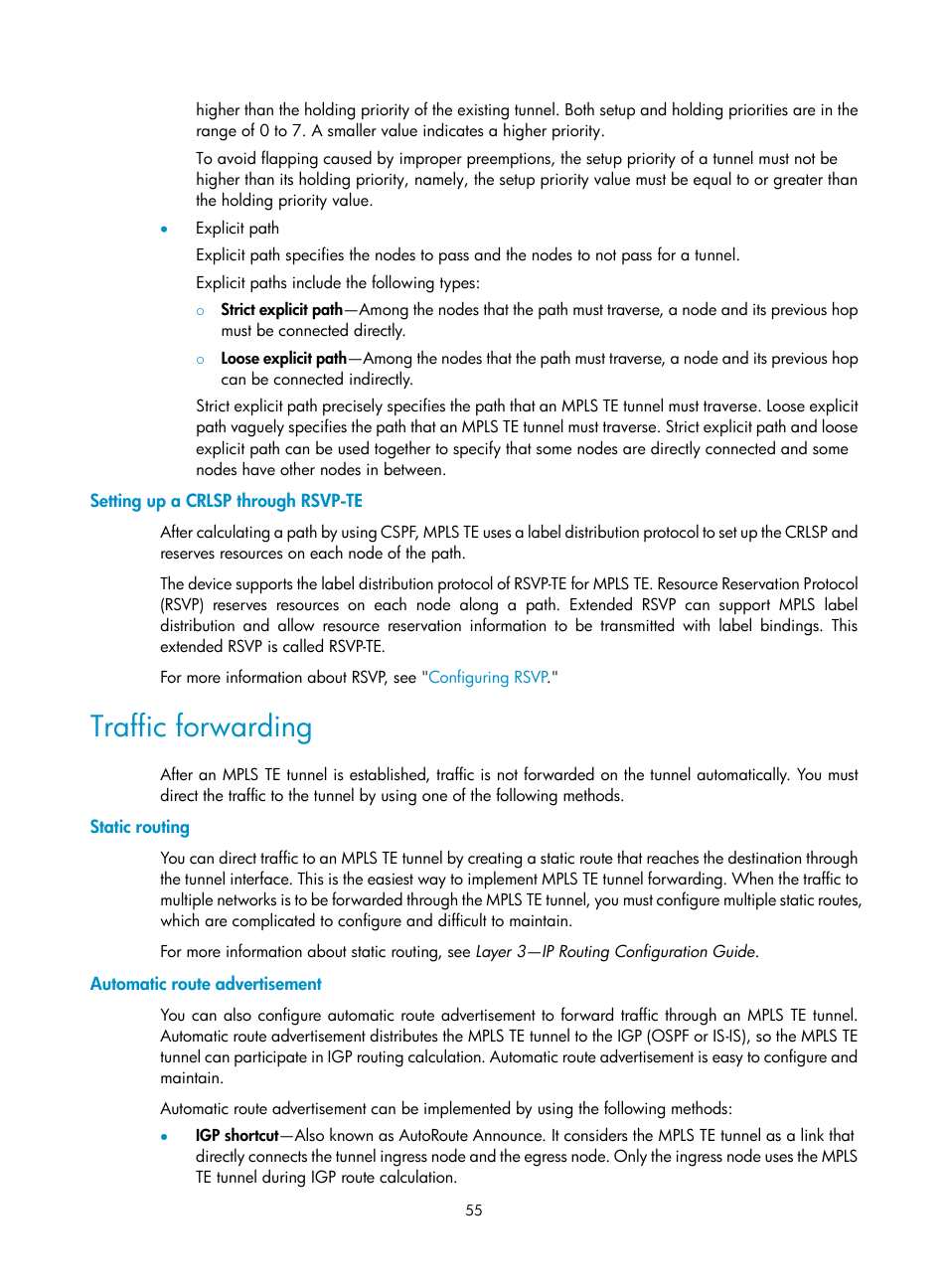 Setting up a crlsp through rsvp-te, Traffic forwarding, Static routing | Automatic route advertisement | H3C Technologies H3C S6800 Series Switches User Manual | Page 68 / 526