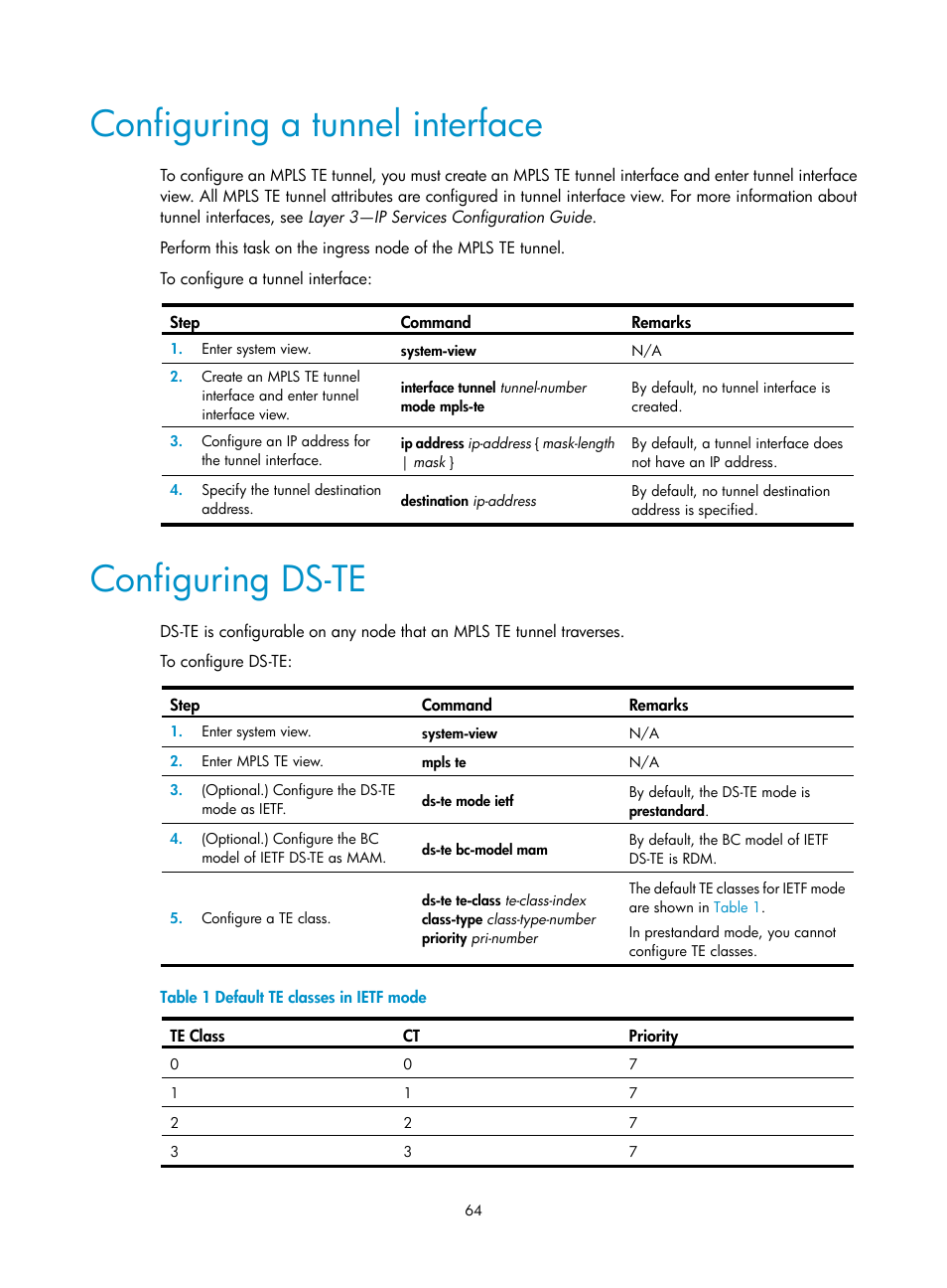 Configuring a tunnel interface, Configuring ds-te, Required.) | H3C Technologies H3C S6800 Series Switches User Manual | Page 77 / 526