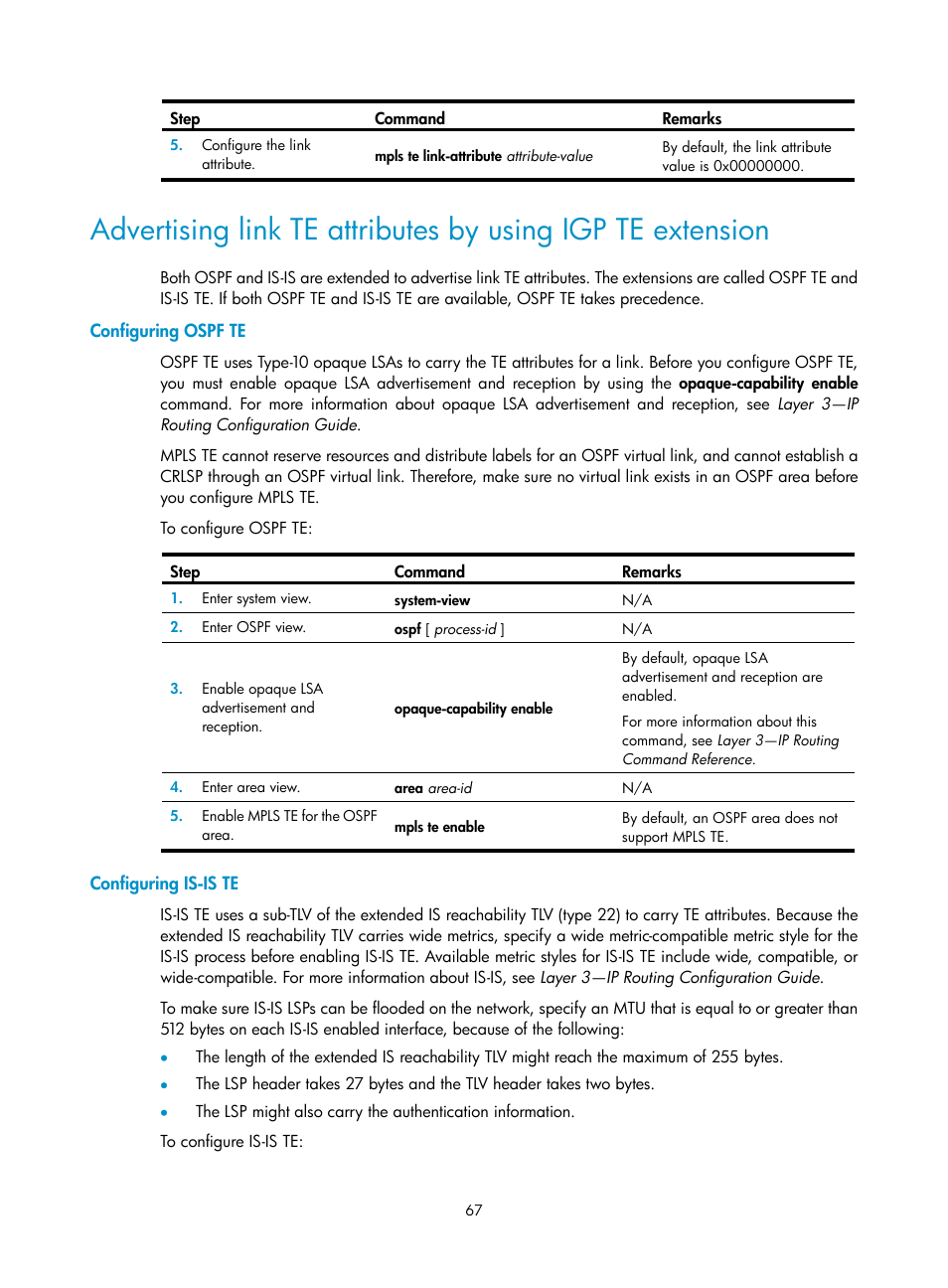 Configuring ospf te, Configuring is-is te, Required.) | H3C Technologies H3C S6800 Series Switches User Manual | Page 80 / 526