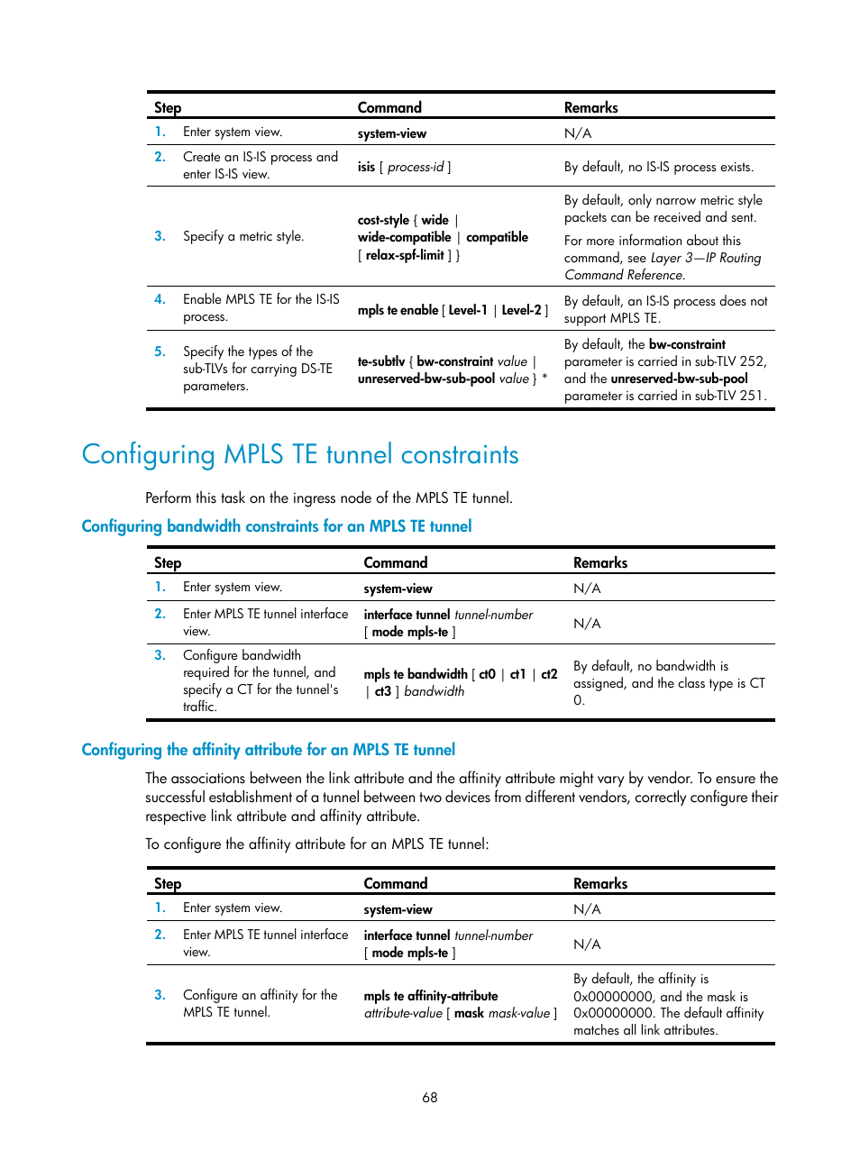 Configuring mpls te tunnel constraints, Required.) | H3C Technologies H3C S6800 Series Switches User Manual | Page 81 / 526