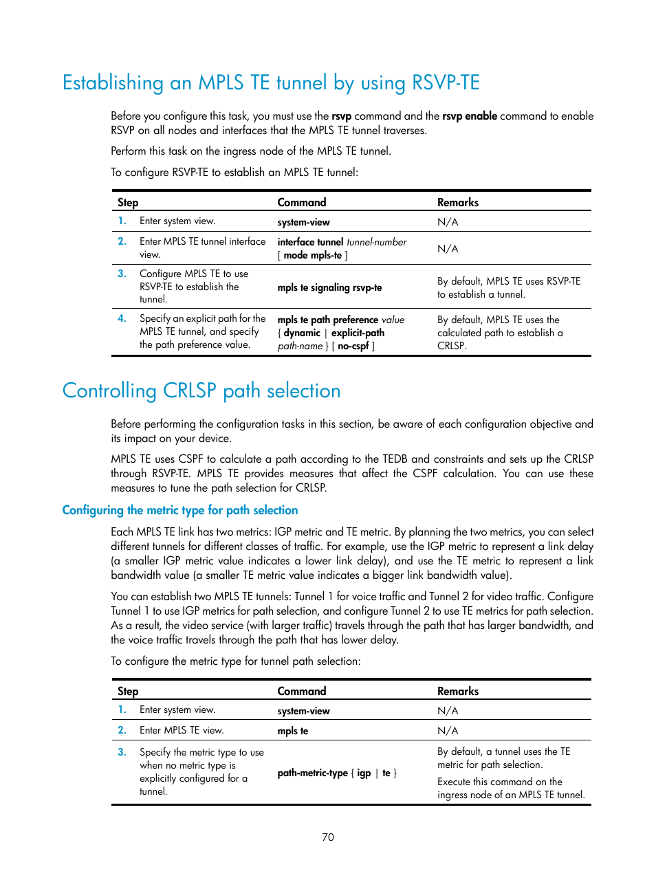 Establishing an mpls te tunnel by using rsvp-te, Controlling crlsp path selection, Configuring the metric type for path selection | Required.) | H3C Technologies H3C S6800 Series Switches User Manual | Page 83 / 526