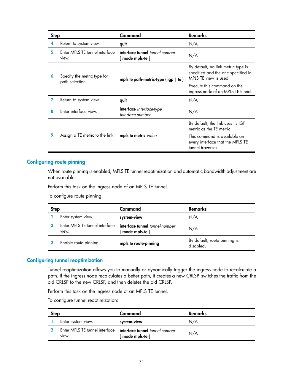 Configuring route pinning, Configuring tunnel reoptimization | H3C Technologies H3C S6800 Series Switches User Manual | Page 84 / 526