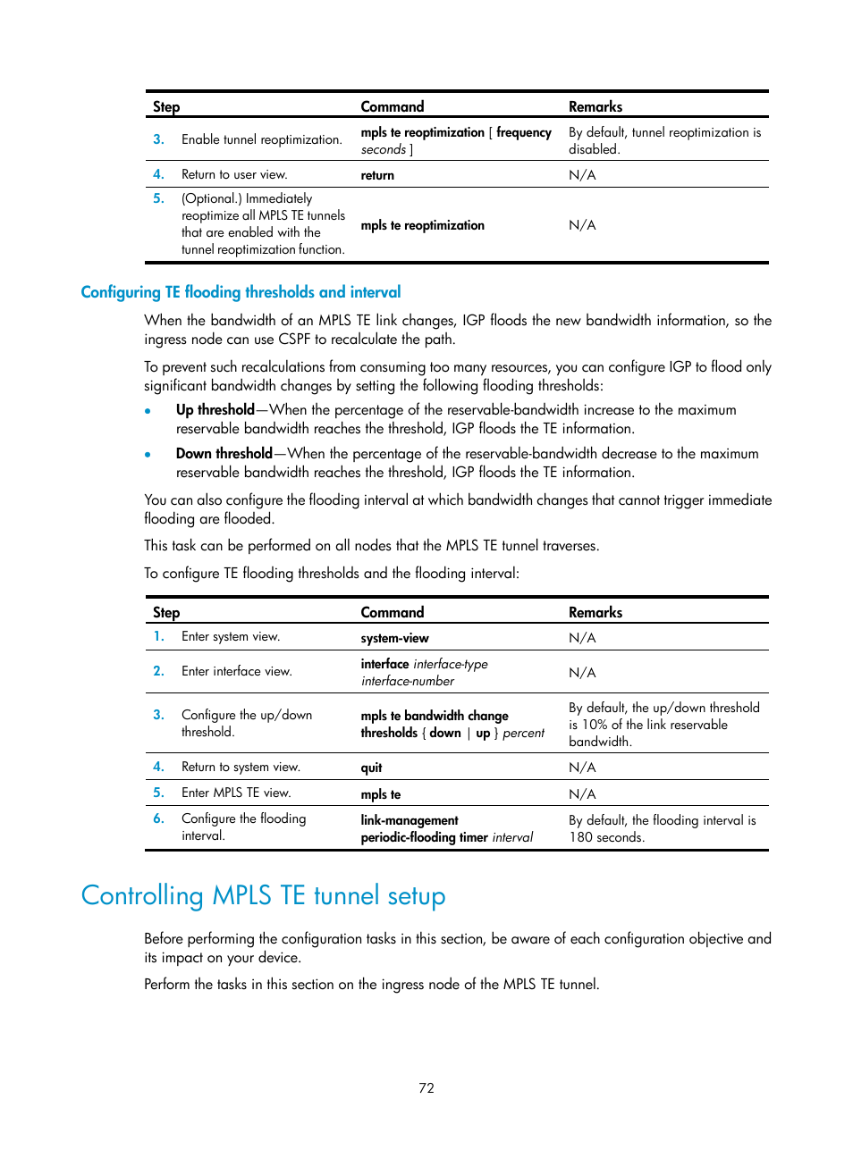 Configuring te flooding thresholds and interval, Controlling mpls te tunnel setup | H3C Technologies H3C S6800 Series Switches User Manual | Page 85 / 526