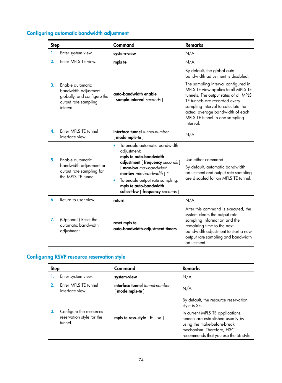 Configuring automatic bandwidth adjustment, Configuring rsvp resource reservation style | H3C Technologies H3C S6800 Series Switches User Manual | Page 87 / 526