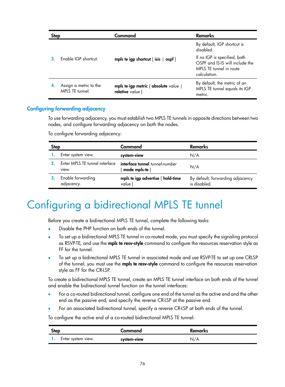 Configuring forwarding adjacency, Configuring a bidirectional mpls te tunnel | H3C Technologies H3C S6800 Series Switches User Manual | Page 89 / 526