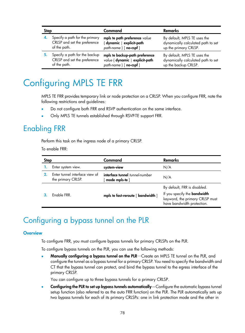 Configuring mpls te frr, Enabling frr, Configuring a bypass tunnel on the plr | Overview | H3C Technologies H3C S6800 Series Switches User Manual | Page 91 / 526