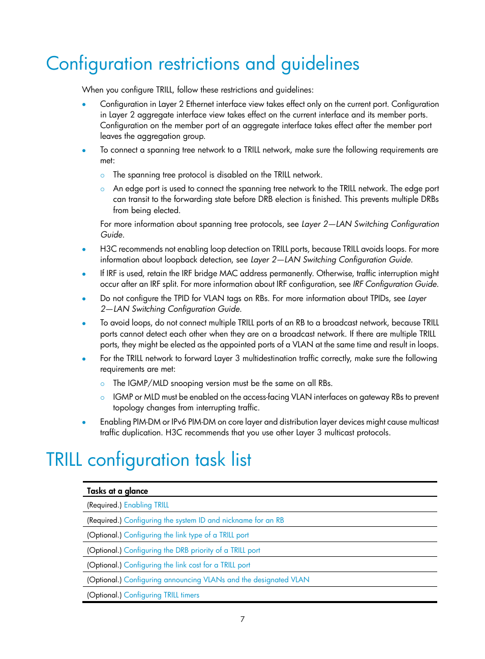 Configuration restrictions and guidelines, Trill configuration task list | H3C Technologies H3C S6800 Series Switches User Manual | Page 14 / 41