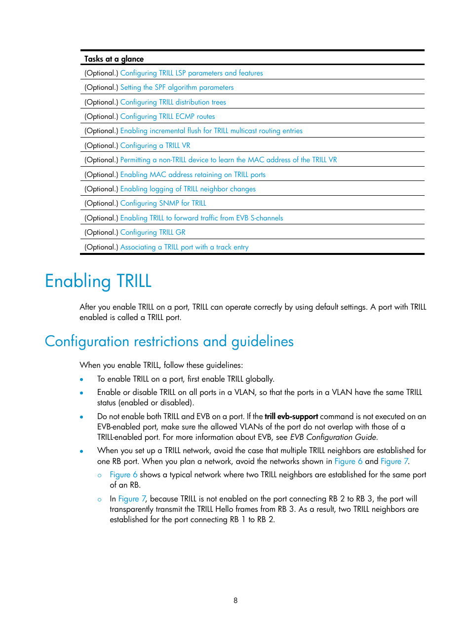 Enabling trill, Configuration restrictions and guidelines, Required.) | H3C Technologies H3C S6800 Series Switches User Manual | Page 15 / 41