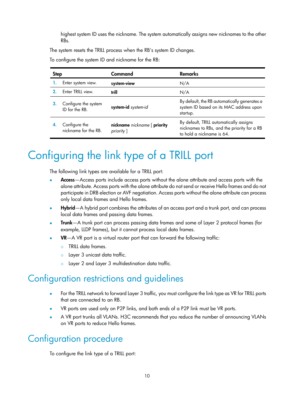 Configuring the link type of a trill port, Configuration restrictions and guidelines, Configuration procedure | H3C Technologies H3C S6800 Series Switches User Manual | Page 17 / 41