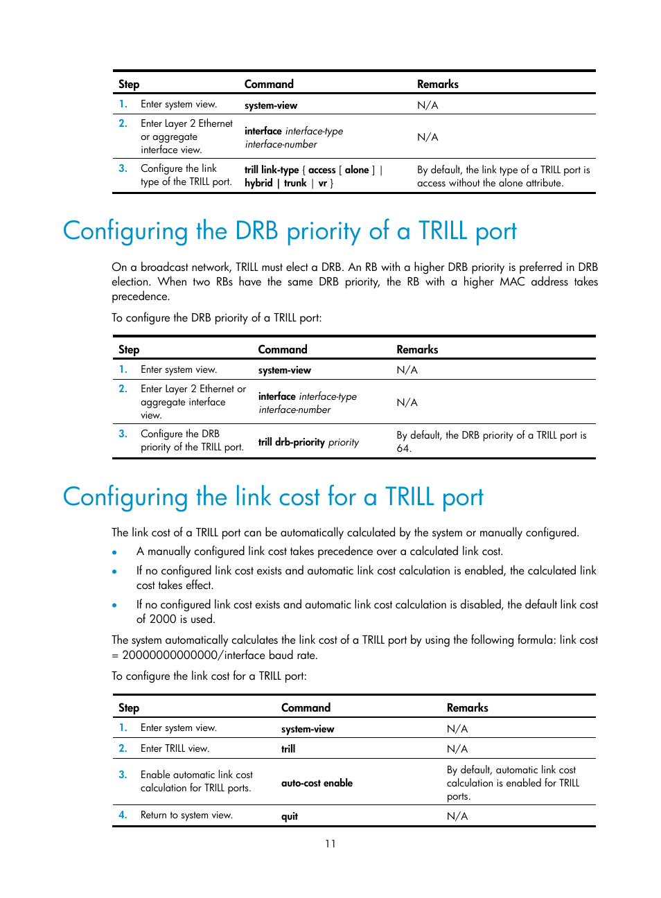 Configuring the drb priority of a trill port, Configuring the link cost for a trill port | H3C Technologies H3C S6800 Series Switches User Manual | Page 18 / 41