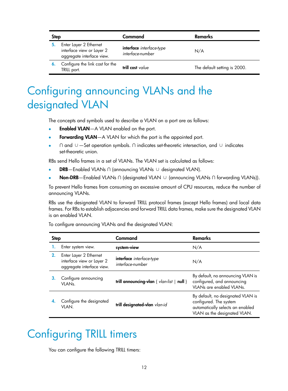 Configuring trill timers | H3C Technologies H3C S6800 Series Switches User Manual | Page 19 / 41