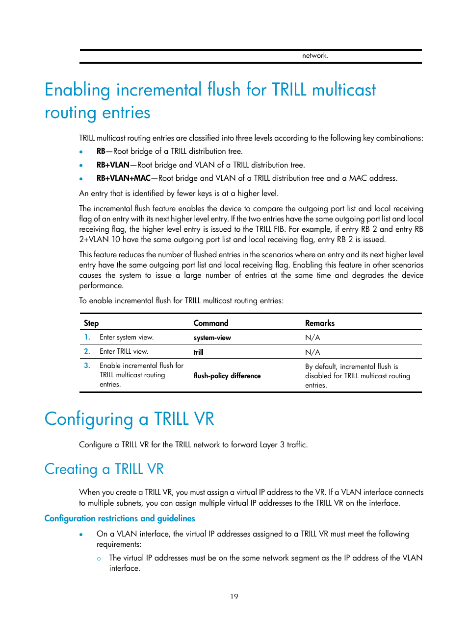 Configuring a trill vr, Creating a trill vr, Configuration restrictions and guidelines | H3C Technologies H3C S6800 Series Switches User Manual | Page 26 / 41