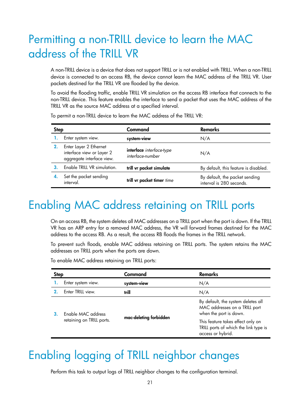 Enabling mac address retaining on trill ports, Enabling logging of trill neighbor changes | H3C Technologies H3C S6800 Series Switches User Manual | Page 28 / 41